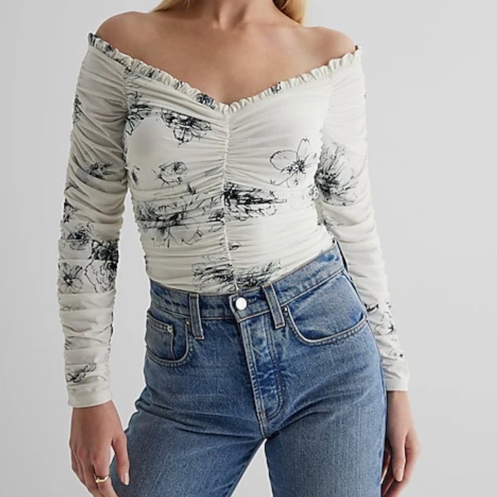 Express Black and White Ruched Bodysuit